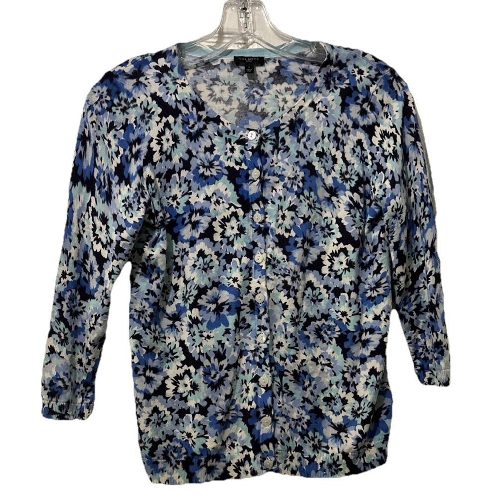 Talbots Petites Blue Floral Cardigan Size P/XS Scoop Neck 3/4 Sleeve Lightweight